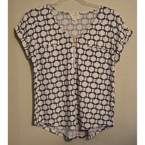 Flower & Feather Blouse Women Large Black White Geometric Chain Link Zip V Neck